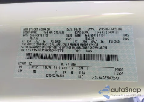 2024 Ford F-150 Xlt z USA, uszkodzony, nr VIN 1FTEW3KP5RKD44778